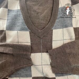 Jos. A. Bank XL Brown Merino Wool V Neck Pullover Checkered Sweater PRELOVED